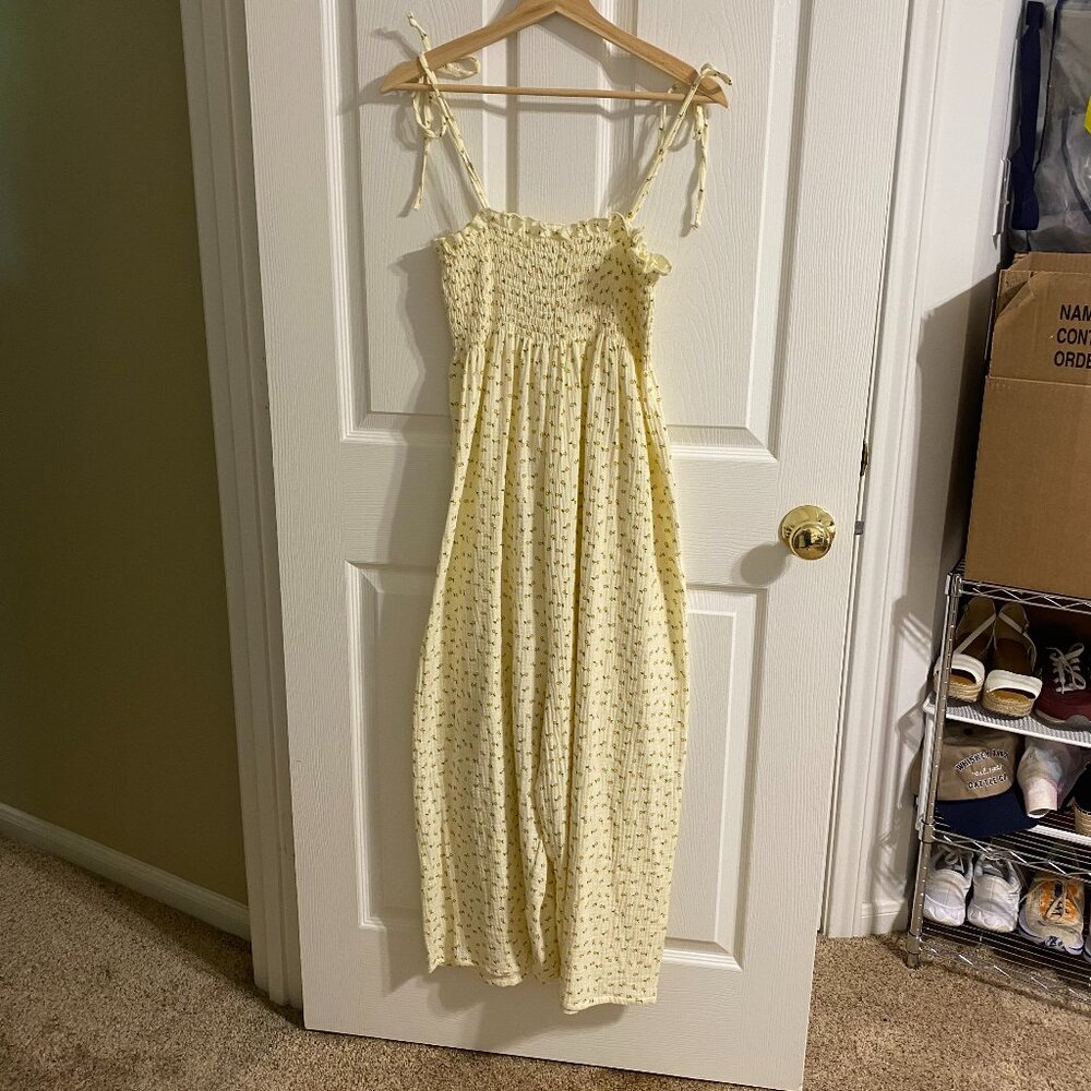 Tie-Shoulder Yellow Floral Smocked Jumpsuit